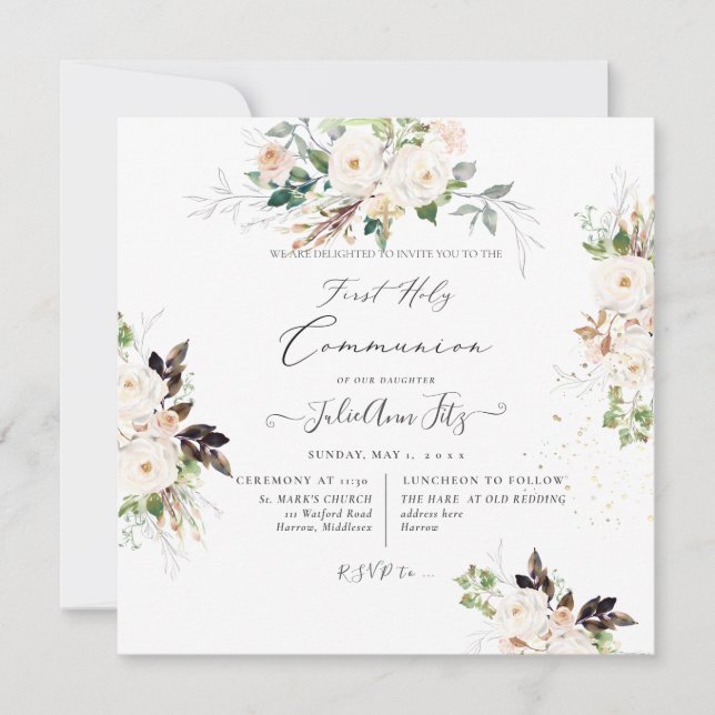 Invitación PixDezines Watercolor Blush+Cream Roses Communion  (Anverso)