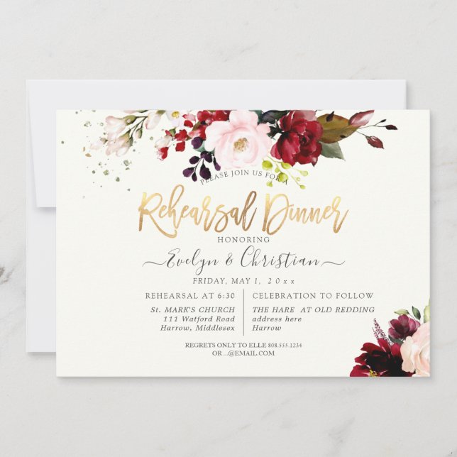 Invitación PixDezines Watercolor Borgoña Rosas de Rubor (Anverso)