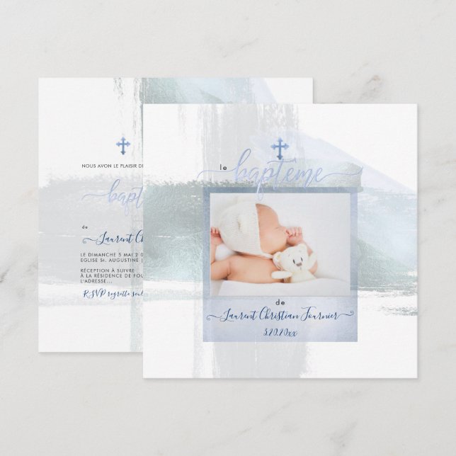 Invitación PixDezines Watercolor Brush Stroke, Baptême garçon (Anverso / Reverso)