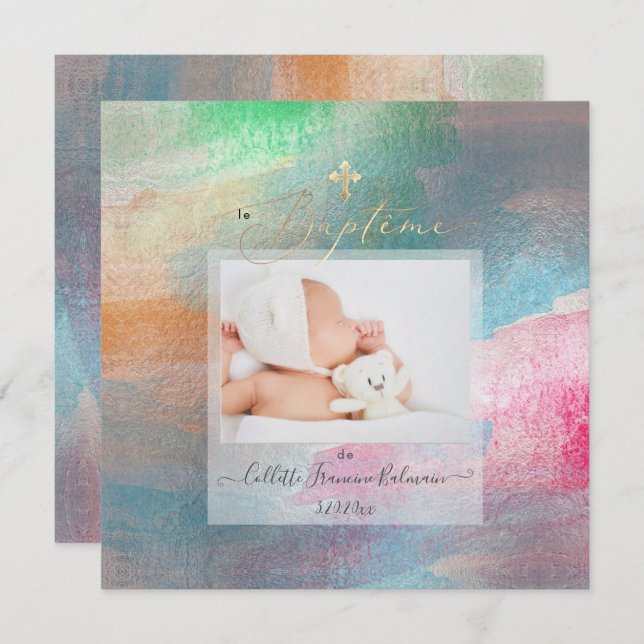 Invitación PixDezines Watercolor Cepillado Baptême Fille (Anverso / Reverso)