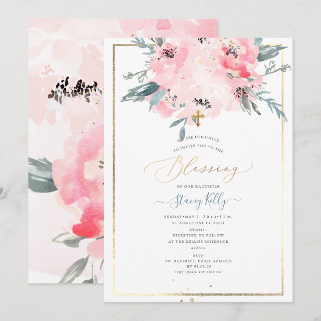 Invitación PixDezines Watercolor Delicado Peonies Bautismo (Anverso / Reverso)