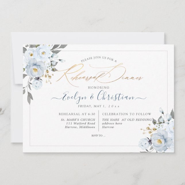 Invitación PixDezines Watercolor Dusty Blue Rosas (Anverso)