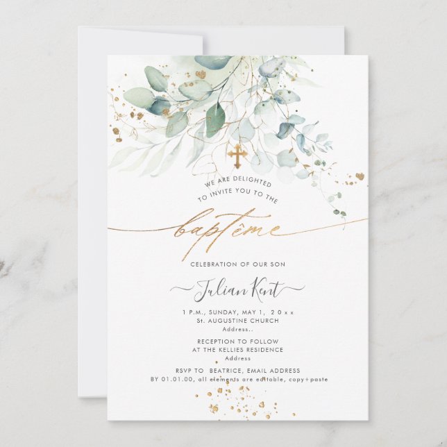 Invitación PixDezines Watercolor Eucalyptus Baptême (Anverso)