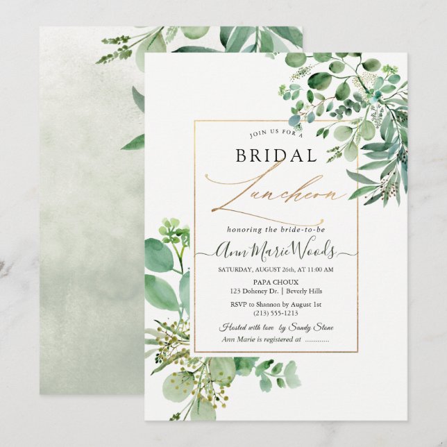 Invitación PixDezines Watercolor Eucalyptus Bridal Luncheon (Anverso / Reverso)