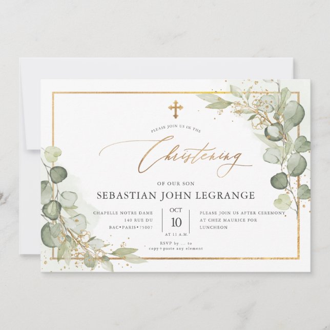 Invitación PixDezines Watercolor Eucalyptus Christening (Anverso)