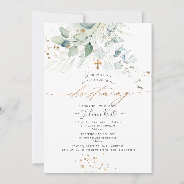 Invitación PixDezines Watercolor Eucalyptus Christening (Anverso)