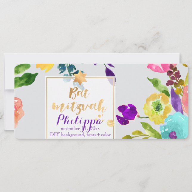 Invitación PixDezines Watercolor/Floral/Bat Mitzvah (Anverso)