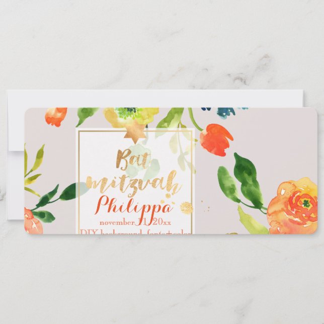 Invitación PixDezines Watercolor/Floral/Bat Mitzvah (Anverso)