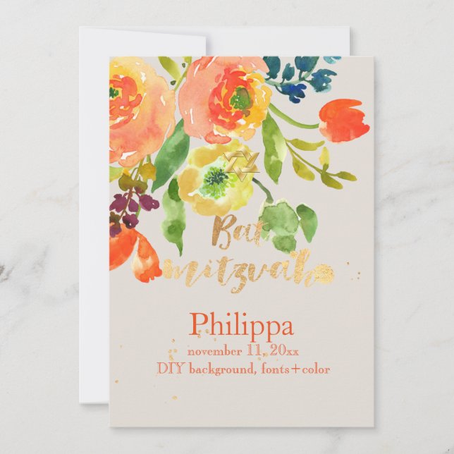 Invitación PixDezines Watercolor/Floral/RanunculusBat Mitzvah (Anverso)