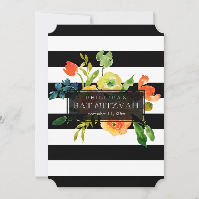 Invitación PixDezines Watercolor/Floral/Stripes Bat Mitzvah (Anverso)