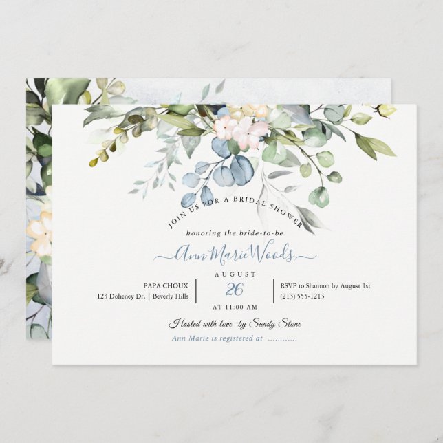 Invitación PixDezines Watercolor Goma Azul Eucalyptus Bridal (Anverso / Reverso)