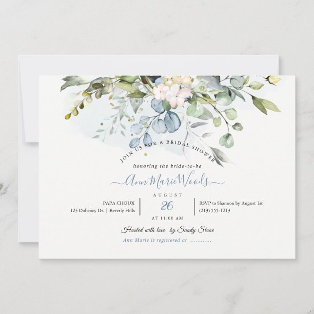 Invitación PixDezines Watercolor Goma Azul Eucalyptus Bridal (Anverso)