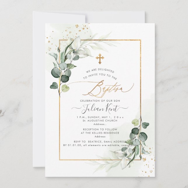 Invitación PixDezines Watercolor Gum Eucalyptus Baptism (Anverso)