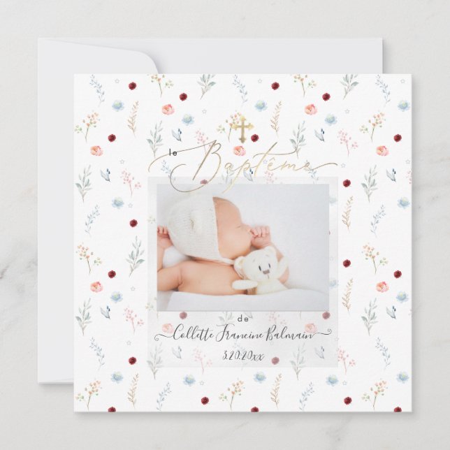 Invitación PixDezines Watercolor Petite Fleurs Baptême Fille (Anverso)