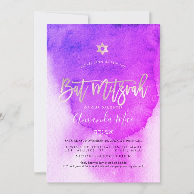 Invitación PixDezines Watercolor Rosa+Platinum Bat Mitzvah (Anverso)