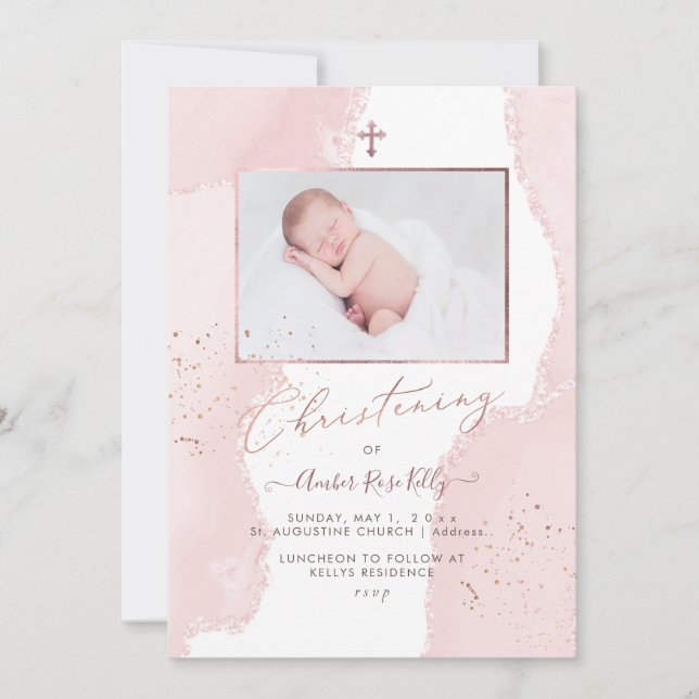 Invitación PixDezines Watercolor Rubor Christening Rosa (Anverso)