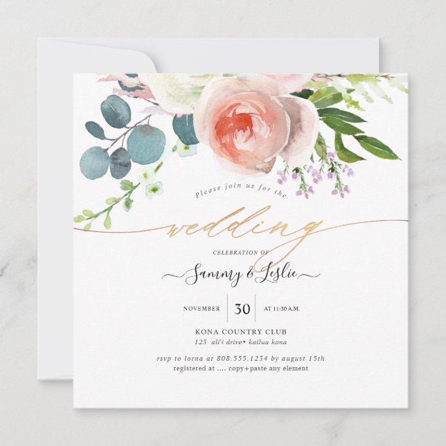 Invitación PixDezines Watercolor Rubor Peonies Rosa (Anverso)
