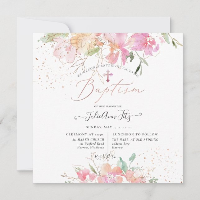 Invitación PixDezines Watercolor Rubor Sweet Peas Baptism (Anverso)