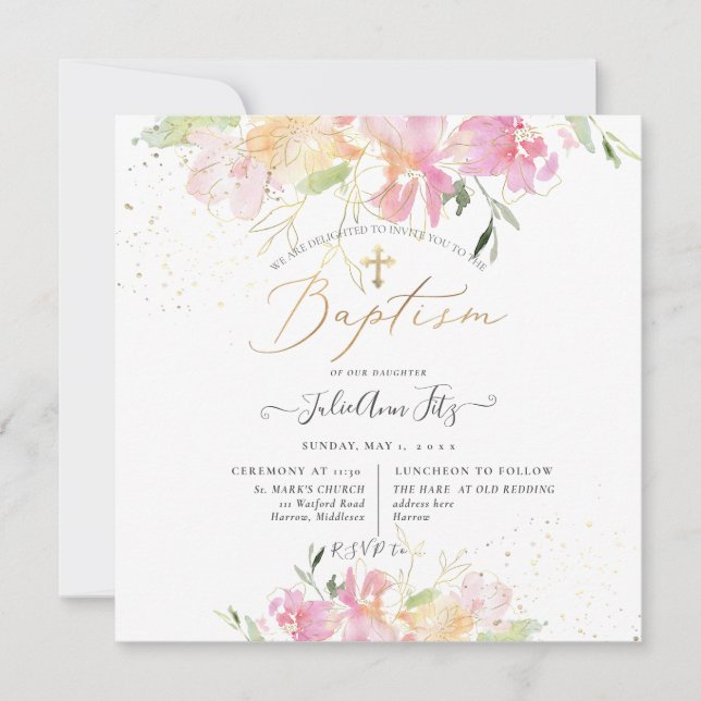Invitación PixDezines Watercolor Rubor Sweet Peas Baptism (Anverso)