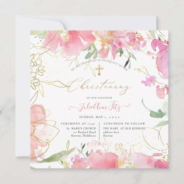 Invitación PixDezines Watercolor Rubor Sweet Peas Christening (Anverso)