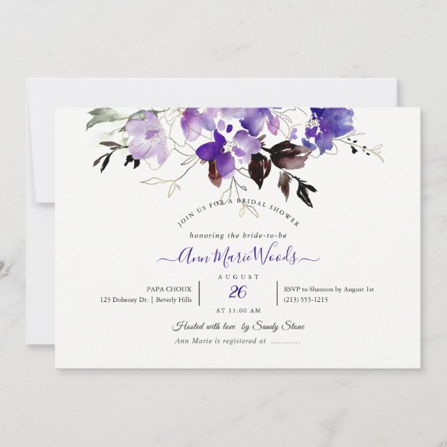Invitación PixDezines Watercolor Sweetpeas Violeta Púrpura (Anverso)