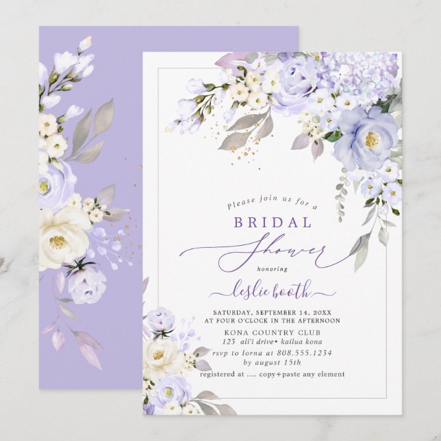 Invitación PixDezinesH2  Hortensias Moradas y Rosas para Baby (Anverso / Reverso)