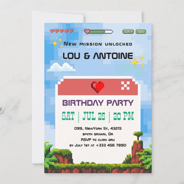 Invitación Pixel Gamer Birthday Invitation (Anverso)