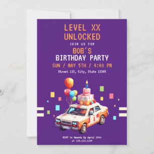 Invitación Píxel Purple & Naranja Car Gaming Cumpleaños