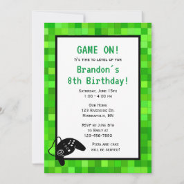 Invitación Píxeles de juego verde | Fiesta de cumpleaños del 