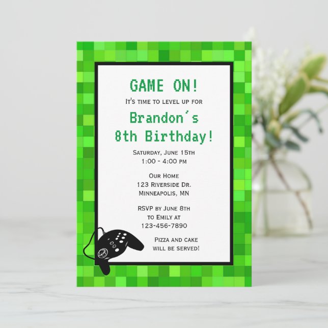 Invitación Píxeles de juego verde | Fiesta de cumpleaños del  (Anverso de pie)