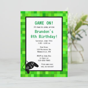 Invitación Píxeles de juego verde   Fiesta de cumpleaños del