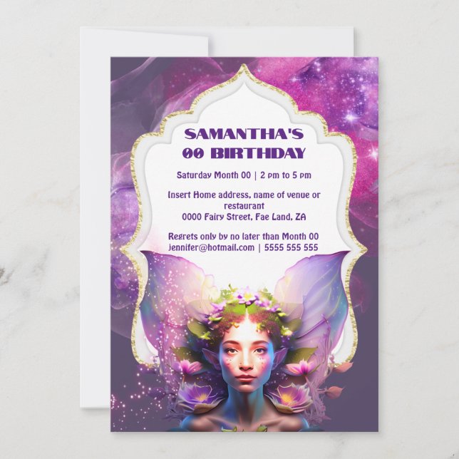 Invitación Píxie de hadas princesa púrpura purpurina mágico d (Anverso)
