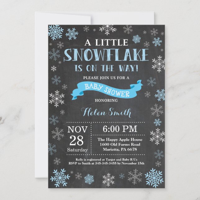 Invitación Pizarra azul del copo de nieve de Baby Shower del (Anverso)