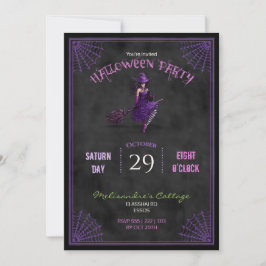 Invitación Pizarra Bruja Bonita en Escoba Halloween