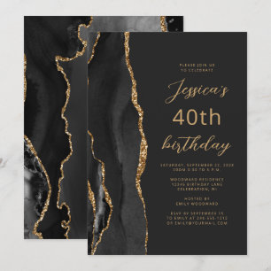 Invitación Pizarra de Ágata Oro Negro Guión Cumpleaños 40