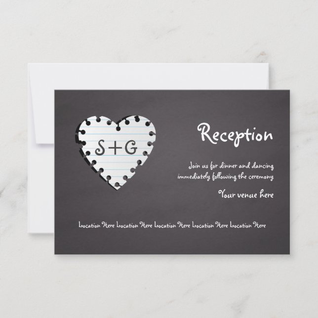 Invitación Pizarra de corazón de papel, recepción de boda con (Anverso)