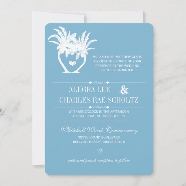 Invitación Pizarra de destino de palmeras Dusk Blue Beach (Anverso)