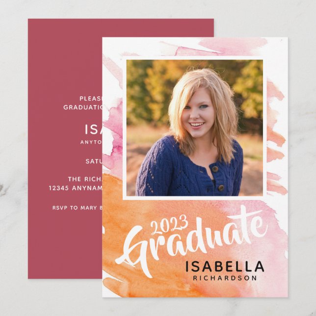 Invitación Pizarra de graduación de color rosa y Naranja (Anverso / Reverso)