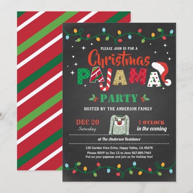 Invitación pizarra de navidades de fiesta de fiesta pajama (Anverso / Reverso)