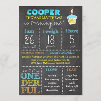 Invitación Pizarra del muchacho del cumpleaños de Onederful