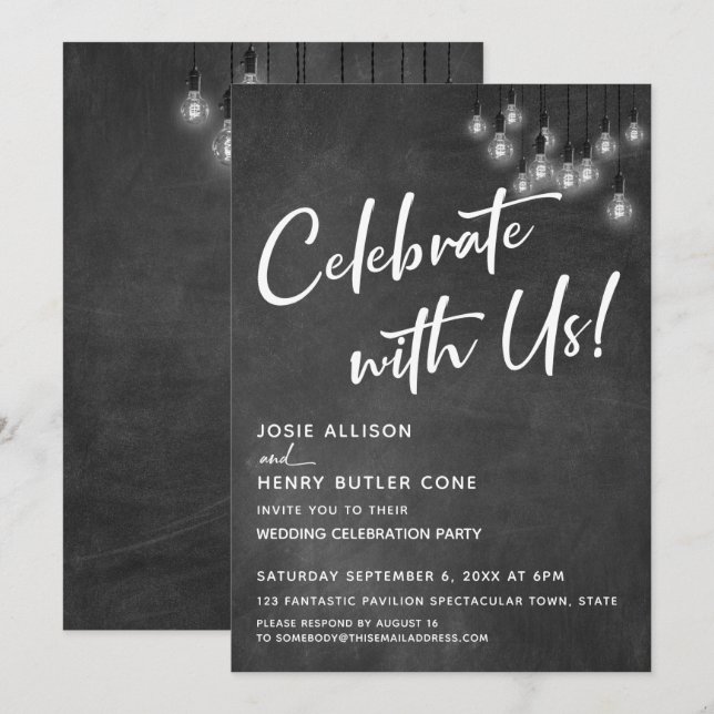 Invitación Pizarra Luces Edison Celebre con Nosotros (Anverso / Reverso)