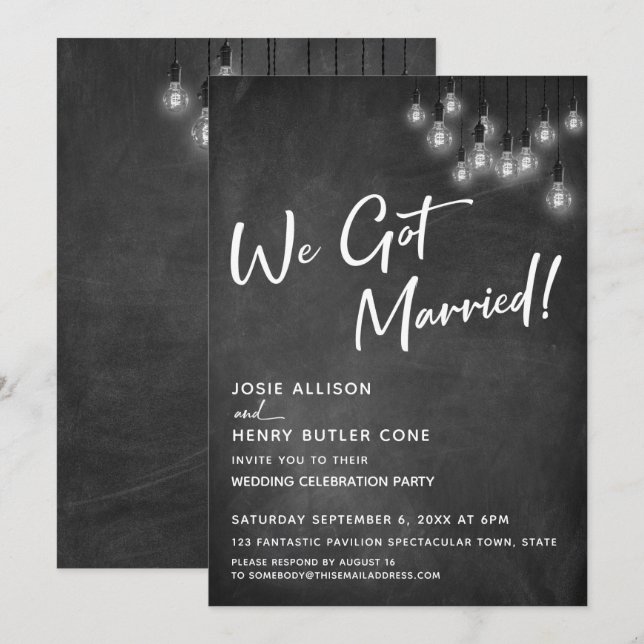 Invitación Pizarra Luces Edison Modernas Nos Casamos (Anverso / Reverso)