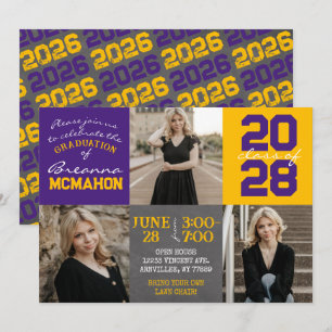 Invitación Pizarra morada y dorada 3 Graduación fotográfica