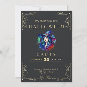Invitación Pizarra Negra & Bruja Arcoíris de Halloween en Oro