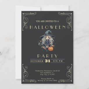 Invitación Pizarra Negra y Calabaza de Bruja Dorada Halloween