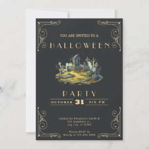 Invitación Pizarra Negra y Cementerio Dorado Halloween