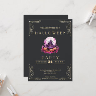 Invitación Pizarra Negra y Dorada Castillo Embrujado Hallowee