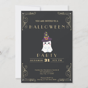 Invitación Pizarra Negra y Dorada Fantasmas Lindos Estrellas