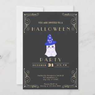 Invitación Pizarra Negra y Dorada Fantasmas Lindos Estrellas