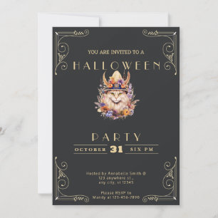 Invitación Pizarra Negra y Dorada Gato Boho Halloween